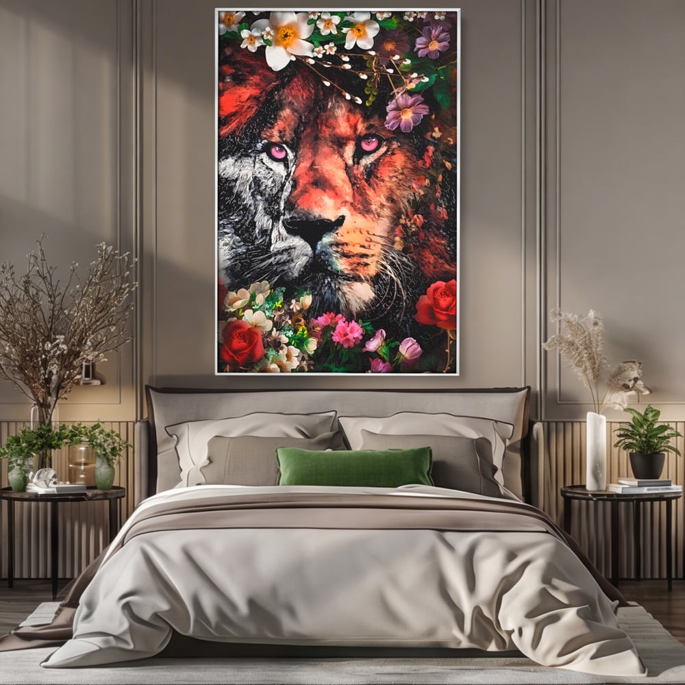 Tablou Canvas Premium LuxCanva® A1211, Lion With Flowers , Leu, Regele Junglei, Flori, Colorat, Safari, Culori Vibrante