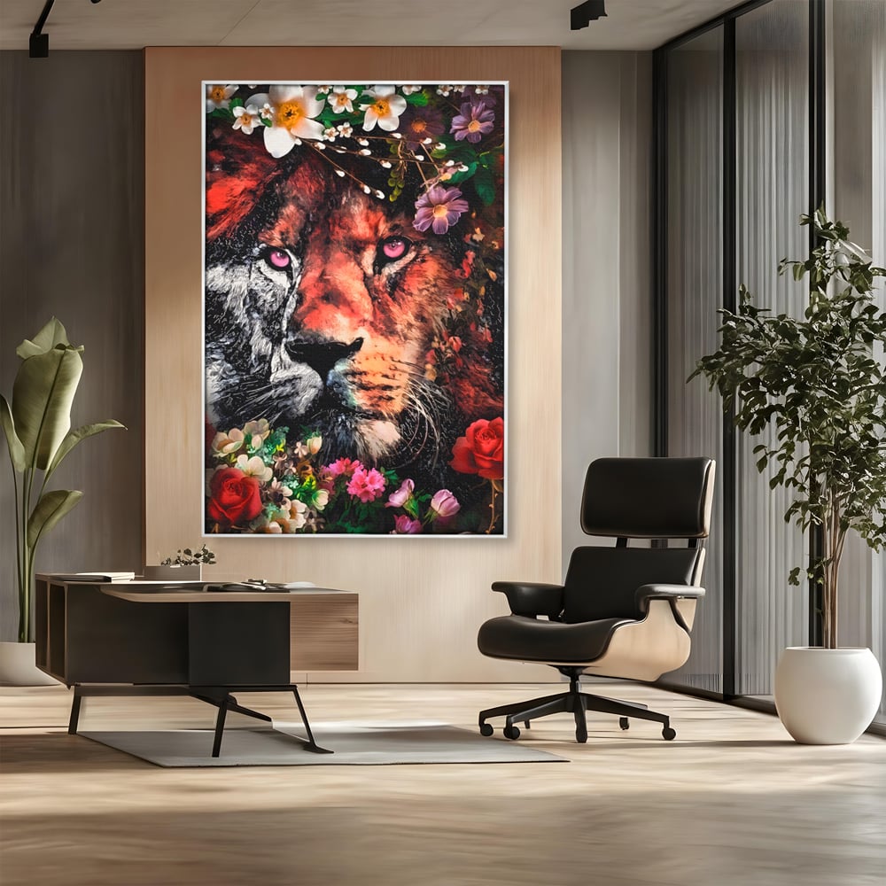 Tablou Canvas Premium LuxCanva® A1211, Lion With Flowers , Leu, Regele Junglei, Flori, Colorat, Safari, Culori Vibrante