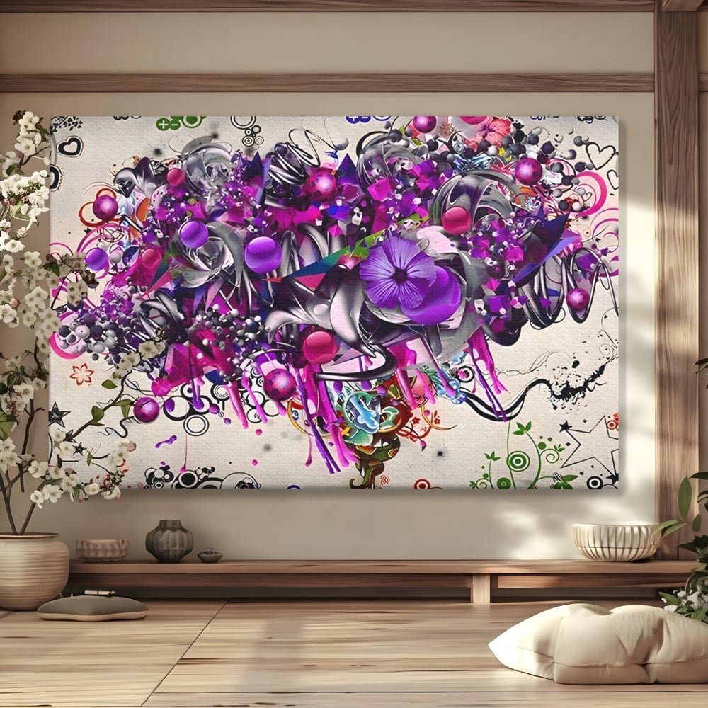Tablou Canvas Premium LuxCanva® A1213, Art Flowers ,  Decorativ, Living, Colorat, Flori, Inimi, Mov, Dormitor, Culori Vibrante
