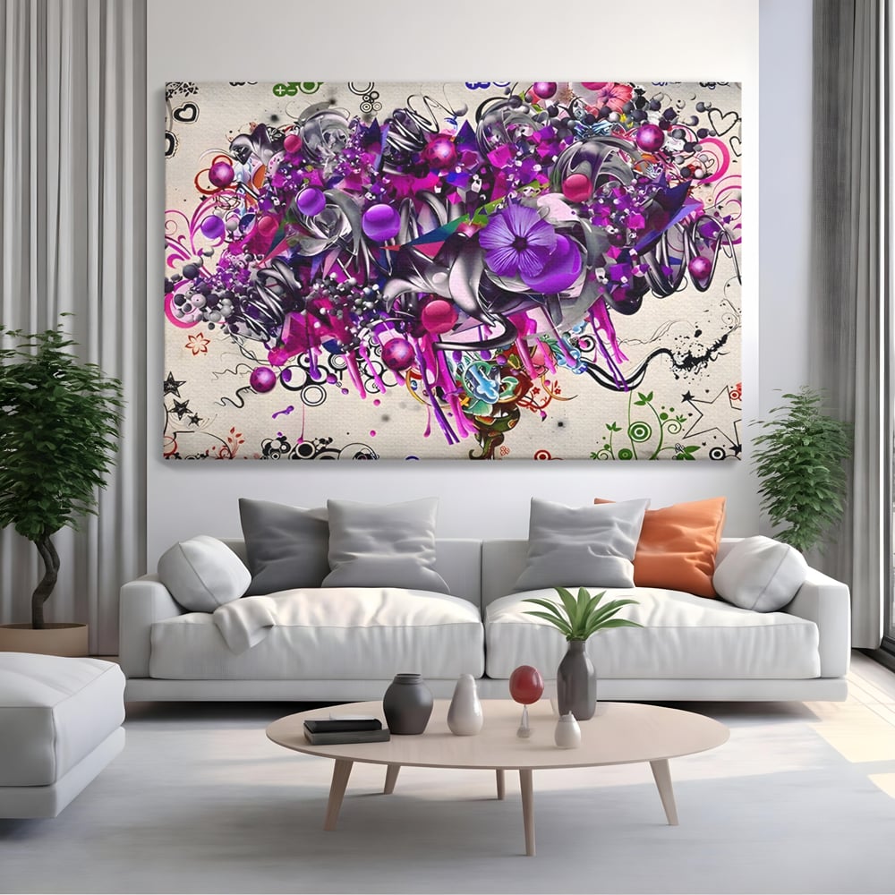 Tablou Canvas Premium LuxCanva® A1213, Art Flowers ,  Decorativ, Living, Colorat, Flori, Inimi, Mov, Dormitor, Culori Vibrante