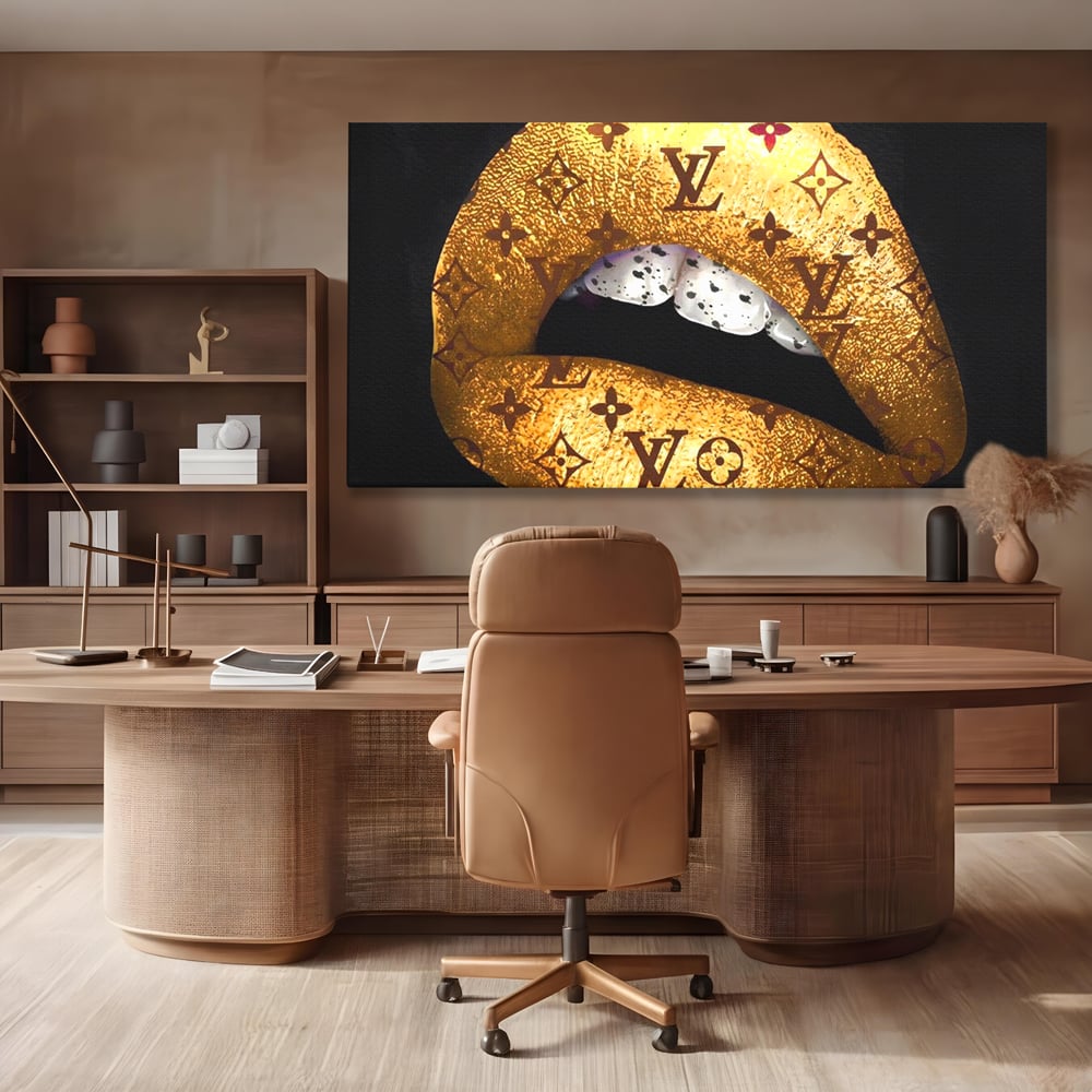 Tablou Canvas Premium, LuxCanva® A1216, Lips Vuitton, Decorativ, Dressing, Luxury Brands, Buze, Gold, Louis Vuitton, Living, Culori Vibrante
