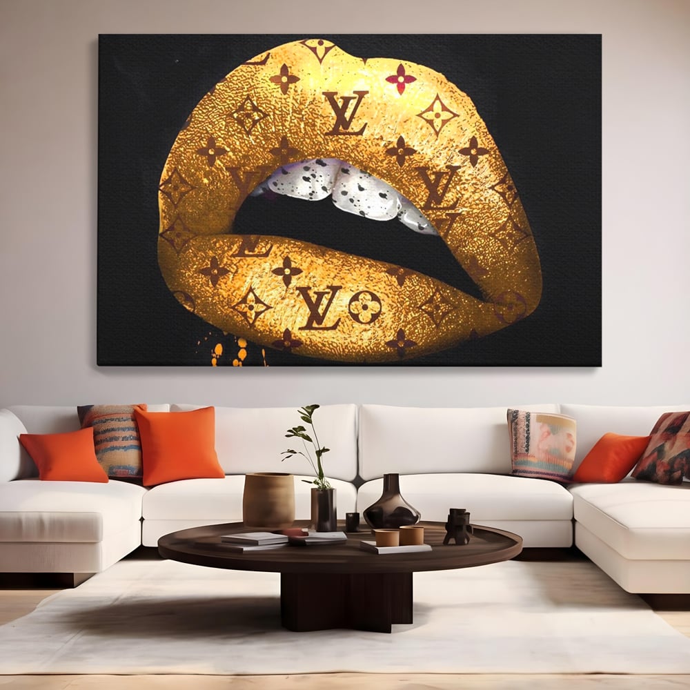 Tablou Canvas Premium, LuxCanva® A1216, Lips Vuitton, Decorativ, Dressing, Luxury Brands, Buze, Gold, Louis Vuitton, Living, Culori Vibrante