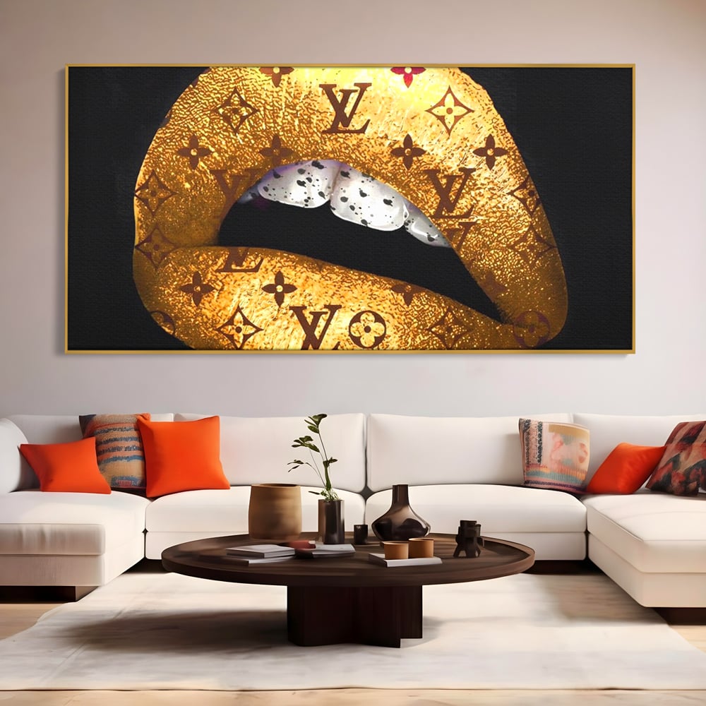 Tablou Canvas Premium, LuxCanva® A1216, Lips Vuitton, Decorativ, Dressing, Luxury Brands, Buze, Gold, Louis Vuitton, Living, Culori Vibrante