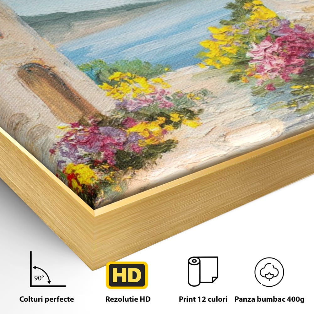 Tablou Canvas Premium LuxCanva® A1229, Arcada Cu Flori , Decorativ, Dormitor, Flori, Mare, Cladire, Arhitectura, Living, Culori Vibrante