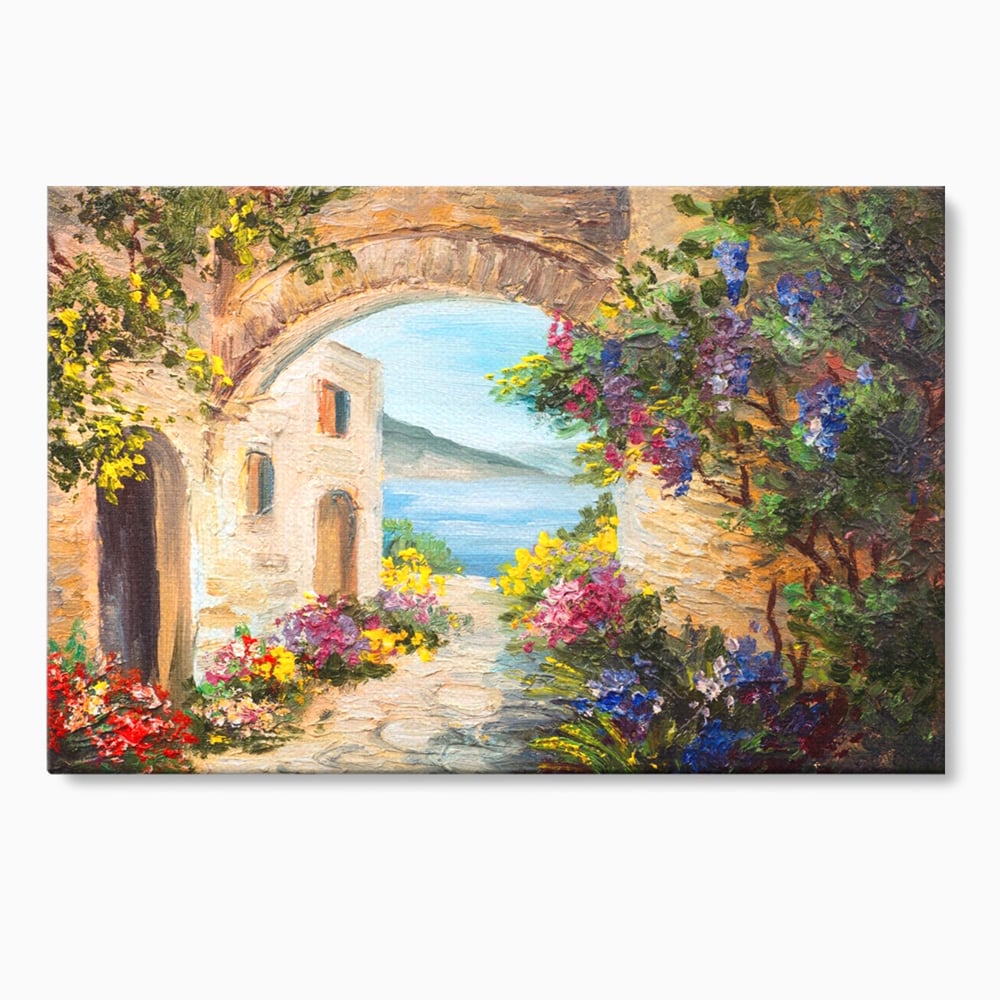 Tablou Canvas Premium LuxCanva® A1229, Arcada Cu Flori , Decorativ, Dormitor, Flori, Mare, Cladire, Arhitectura, Living, Culori Vibrante