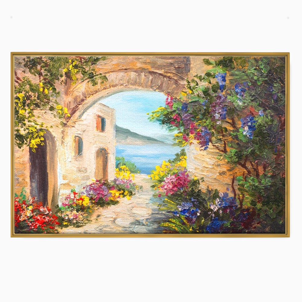 Tablou Canvas Premium LuxCanva® A1229, Arcada Cu Flori , Decorativ, Dormitor, Flori, Mare, Cladire, Arhitectura, Living, Culori Vibrante