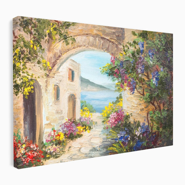 Tablou Canvas Premium LuxCanva® A1229, Arcada Cu Flori , Decorativ, Dormitor, Flori, Mare, Cladire, Arhitectura, Living, Culori Vibrante