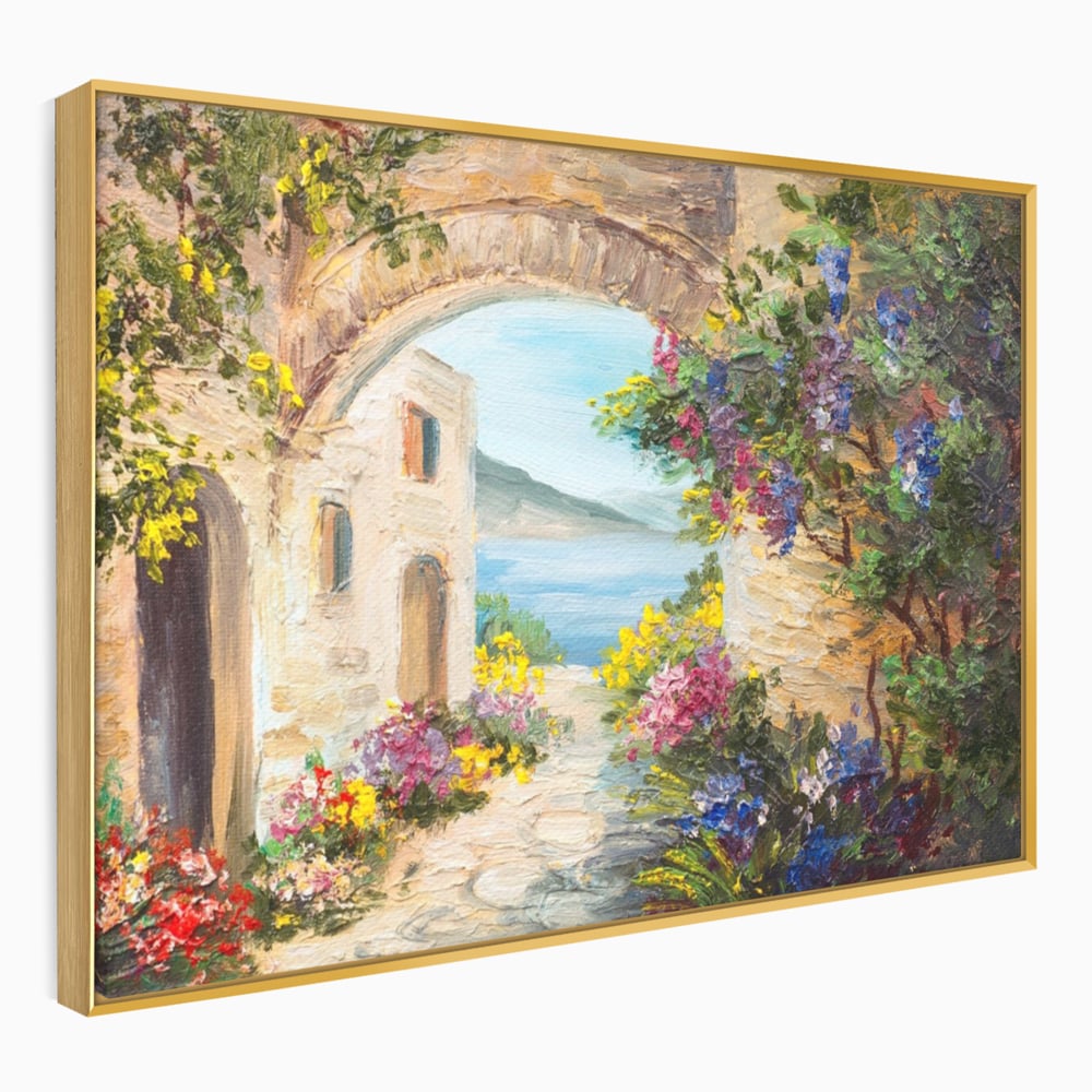 Tablou Canvas Premium LuxCanva® A1229, Arcada Cu Flori , Decorativ, Dormitor, Flori, Mare, Cladire, Arhitectura, Living, Culori Vibrante