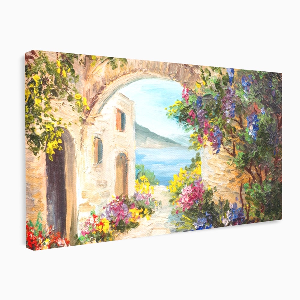 Tablou Canvas Premium LuxCanva® A1229, Arcada Cu Flori , Decorativ, Dormitor, Flori, Mare, Cladire, Arhitectura, Living, Culori Vibrante