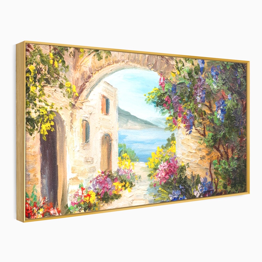 Tablou Canvas Premium LuxCanva® A1229, Arcada Cu Flori , Decorativ, Dormitor, Flori, Mare, Cladire, Arhitectura, Living, Culori Vibrante