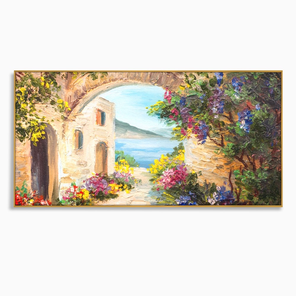 Tablou Canvas Premium LuxCanva® A1229, Arcada Cu Flori , Decorativ, Dormitor, Flori, Mare, Cladire, Arhitectura, Living, Culori Vibrante