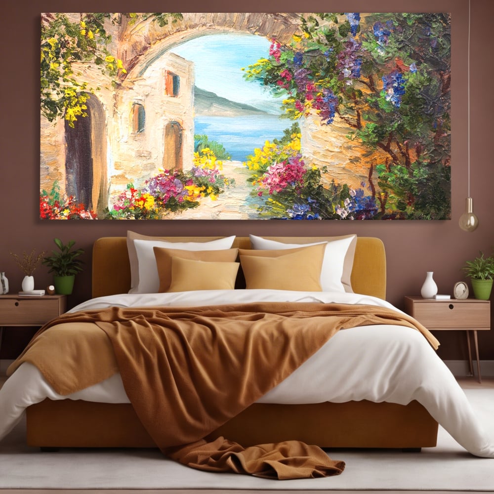 Tablou Canvas Premium LuxCanva® A1229, Arcada Cu Flori , Decorativ, Dormitor, Flori, Mare, Cladire, Arhitectura, Living, Culori Vibrante