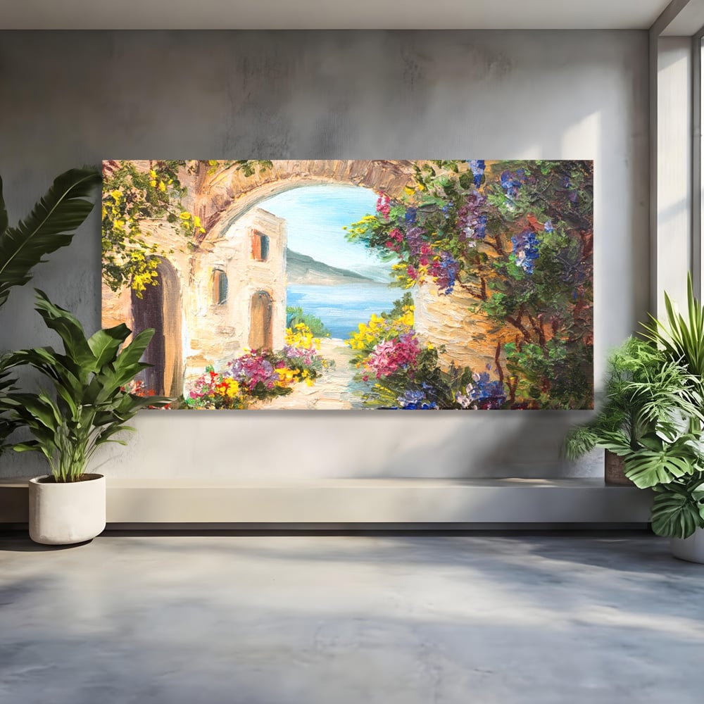 Tablou Canvas Premium LuxCanva® A1229, Arcada Cu Flori , Decorativ, Dormitor, Flori, Mare, Cladire, Arhitectura, Living, Culori Vibrante