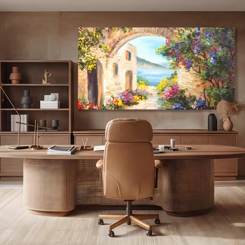 Tablou Canvas Premium LuxCanva® A1229, Arcada Cu Flori , Decorativ, Dormitor, Flori, Mare, Cladire, Arhitectura, Living, Culori Vibrante