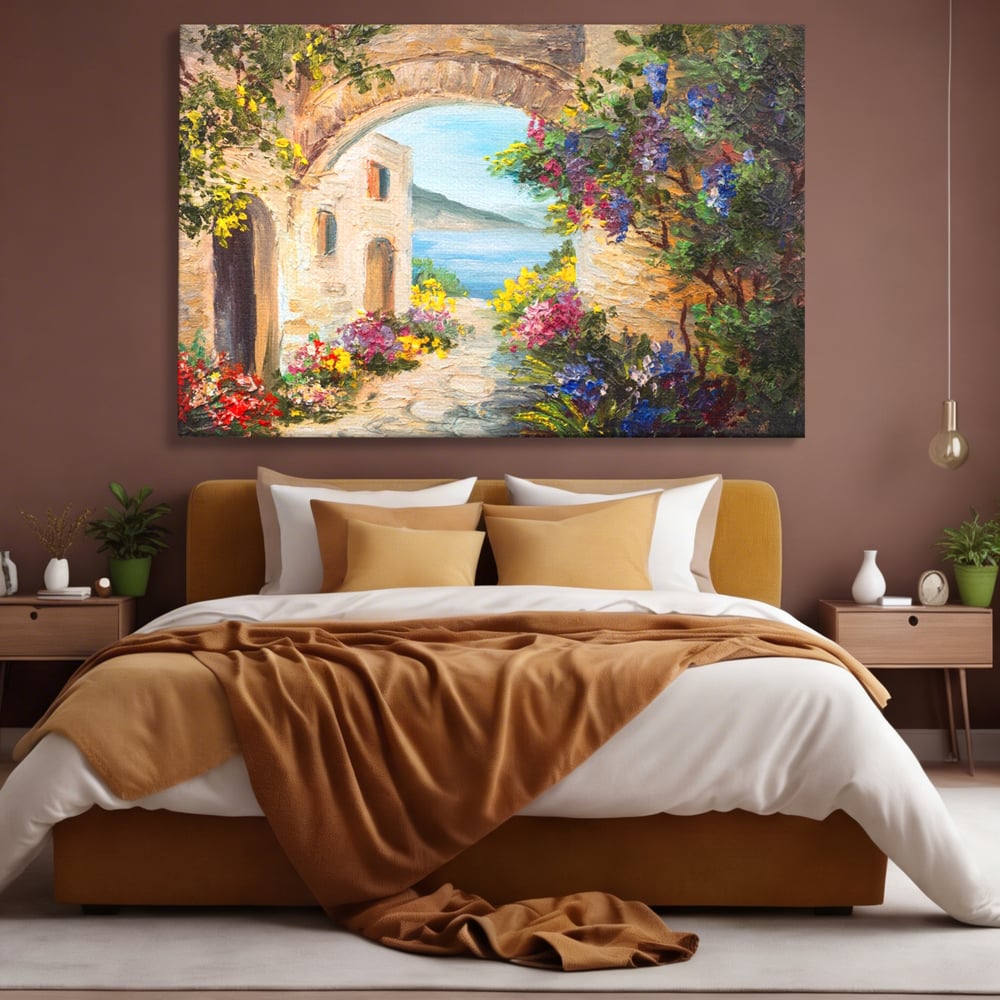 Tablou Canvas Premium LuxCanva® A1229, Arcada Cu Flori , Decorativ, Dormitor, Flori, Mare, Cladire, Arhitectura, Living, Culori Vibrante