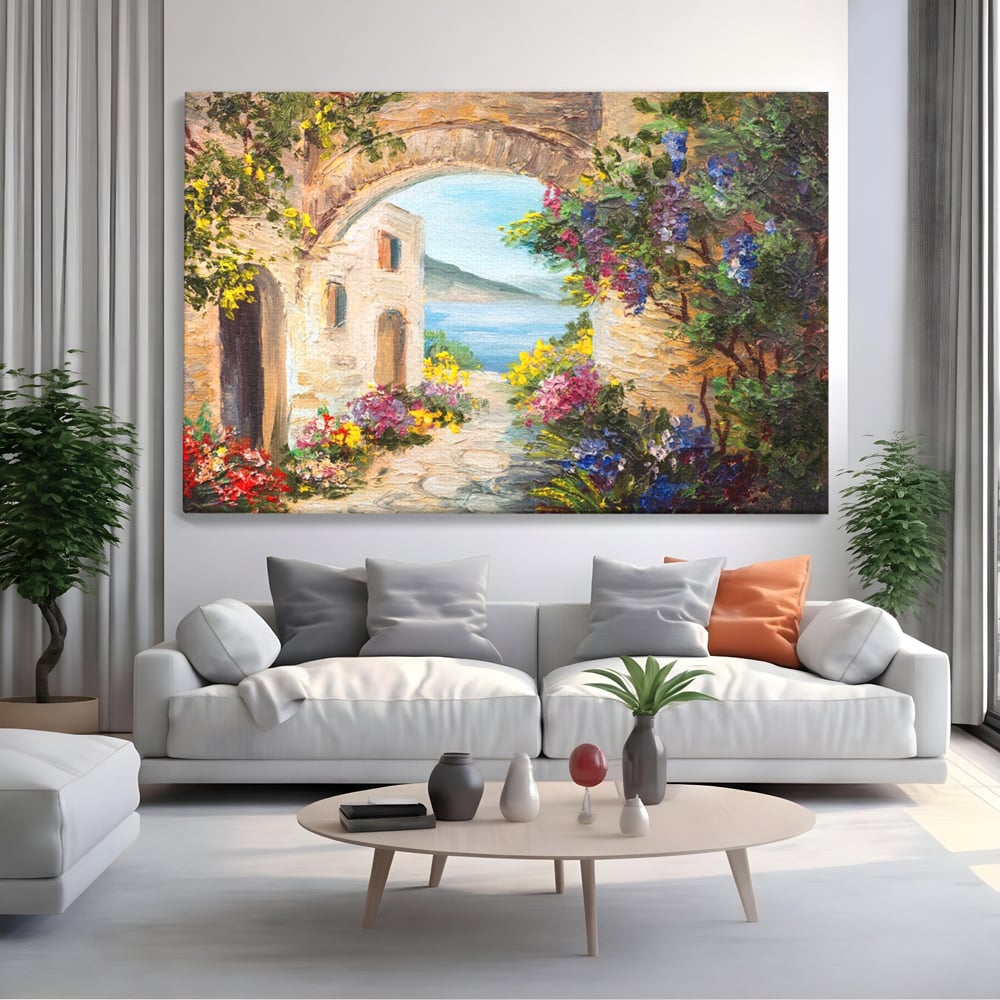 Tablou Canvas Premium LuxCanva® A1229, Arcada Cu Flori , Decorativ, Dormitor, Flori, Mare, Cladire, Arhitectura, Living, Culori Vibrante