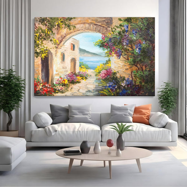 Tablou Canvas Premium LuxCanva® A1229, Arcada Cu Flori , Decorativ, Dormitor, Flori, Mare, Cladire, Arhitectura, Living, Culori Vibrante