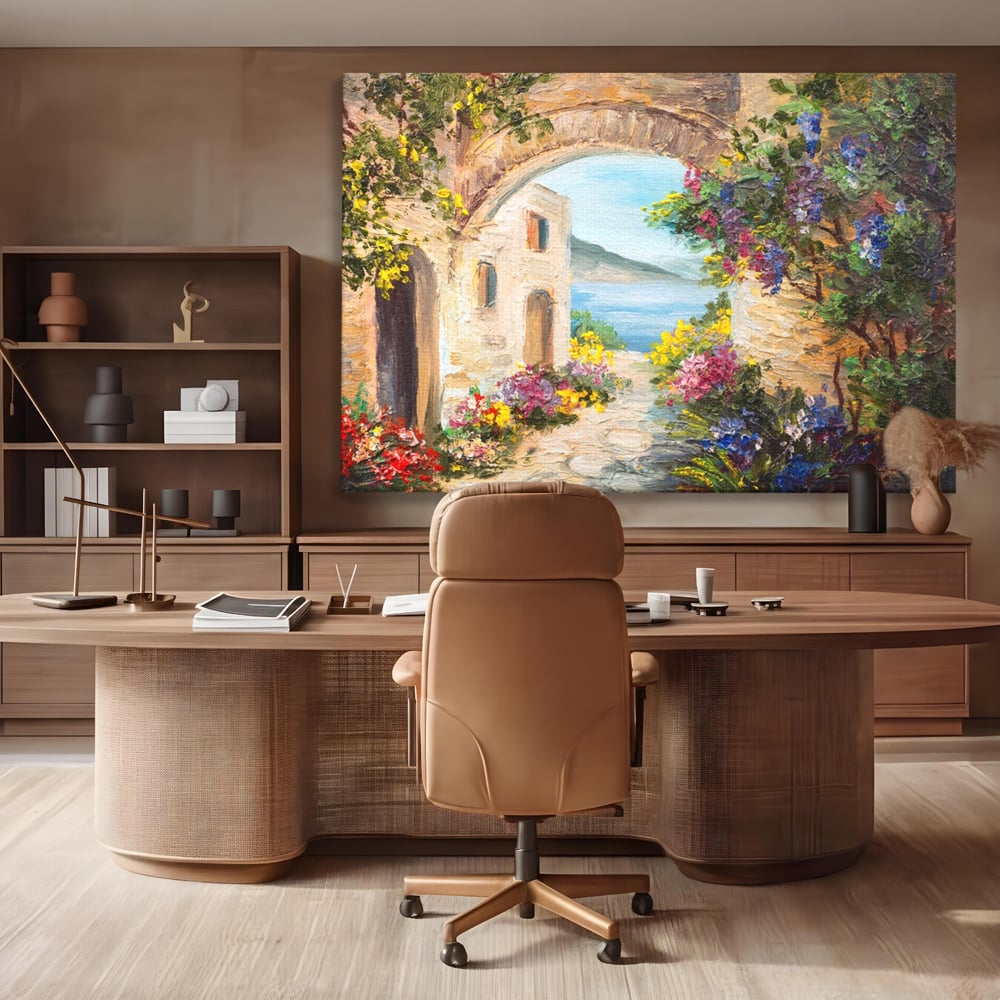 Tablou Canvas Premium LuxCanva® A1229, Arcada Cu Flori , Decorativ, Dormitor, Flori, Mare, Cladire, Arhitectura, Living, Culori Vibrante