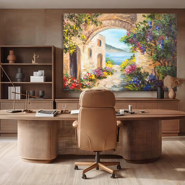 Tablou Canvas Premium LuxCanva® A1229, Arcada Cu Flori , Decorativ, Dormitor, Flori, Mare, Cladire, Arhitectura, Living, Culori Vibrante