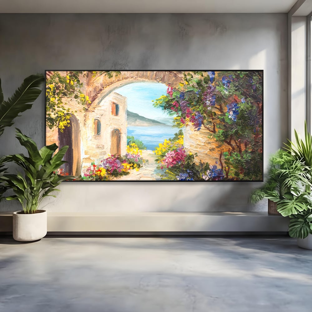 Tablou Canvas Premium LuxCanva® A1229, Arcada Cu Flori , Decorativ, Dormitor, Flori, Mare, Cladire, Arhitectura, Living, Culori Vibrante