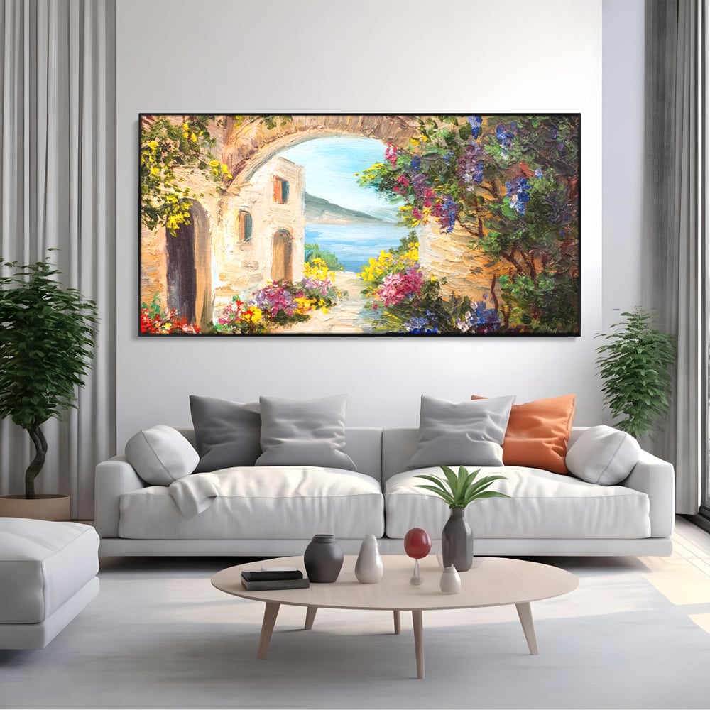 Tablou Canvas Premium LuxCanva® A1229, Arcada Cu Flori , Decorativ, Dormitor, Flori, Mare, Cladire, Arhitectura, Living, Culori Vibrante