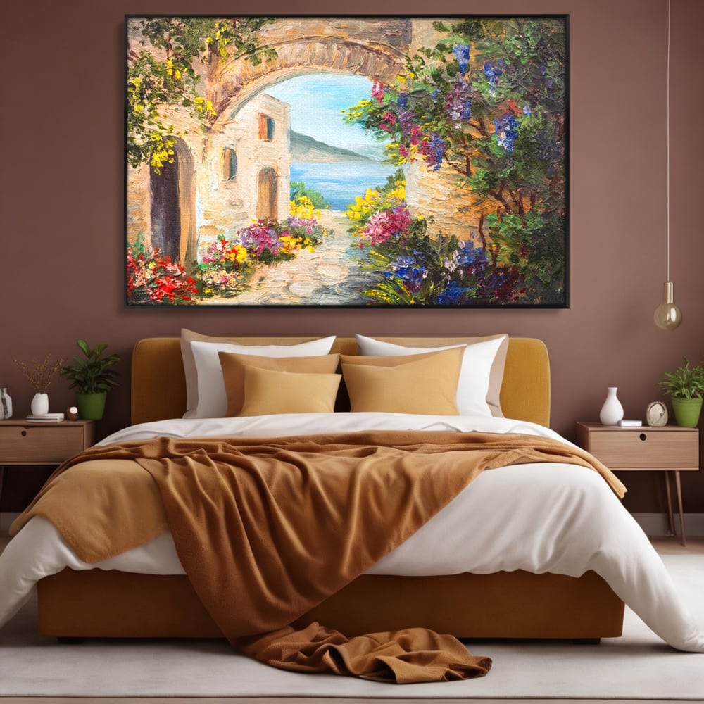 Tablou Canvas Premium LuxCanva® A1229, Arcada Cu Flori , Decorativ, Dormitor, Flori, Mare, Cladire, Arhitectura, Living, Culori Vibrante