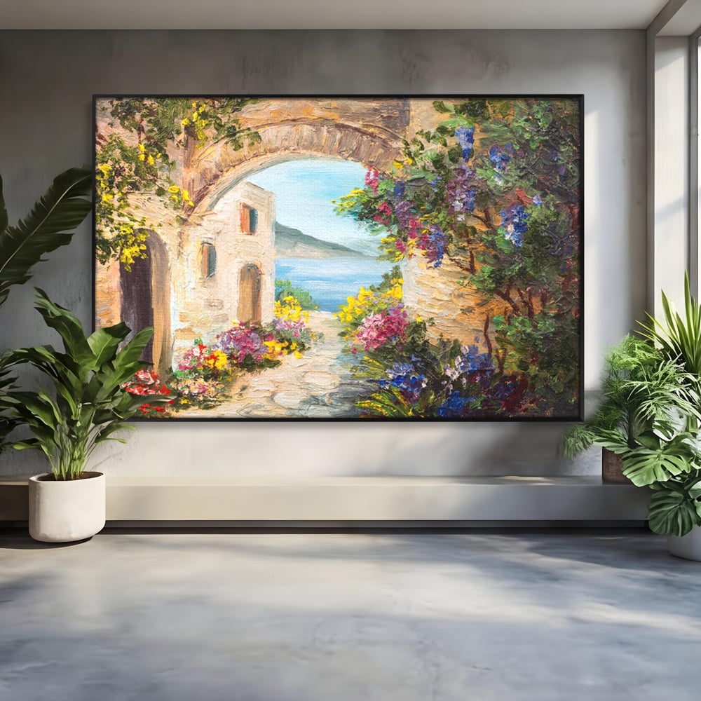 Tablou Canvas Premium LuxCanva® A1229, Arcada Cu Flori , Decorativ, Dormitor, Flori, Mare, Cladire, Arhitectura, Living, Culori Vibrante