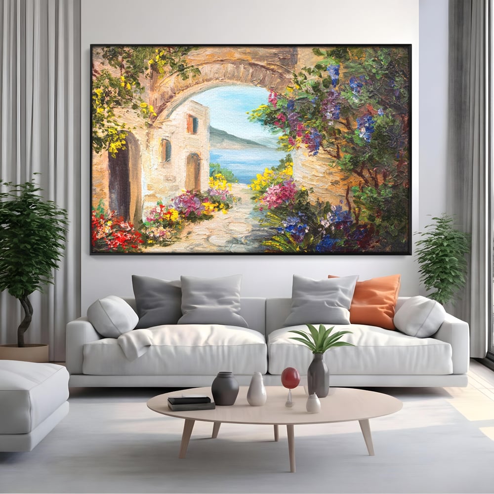 Tablou Canvas Premium LuxCanva® A1229, Arcada Cu Flori , Decorativ, Dormitor, Flori, Mare, Cladire, Arhitectura, Living, Culori Vibrante