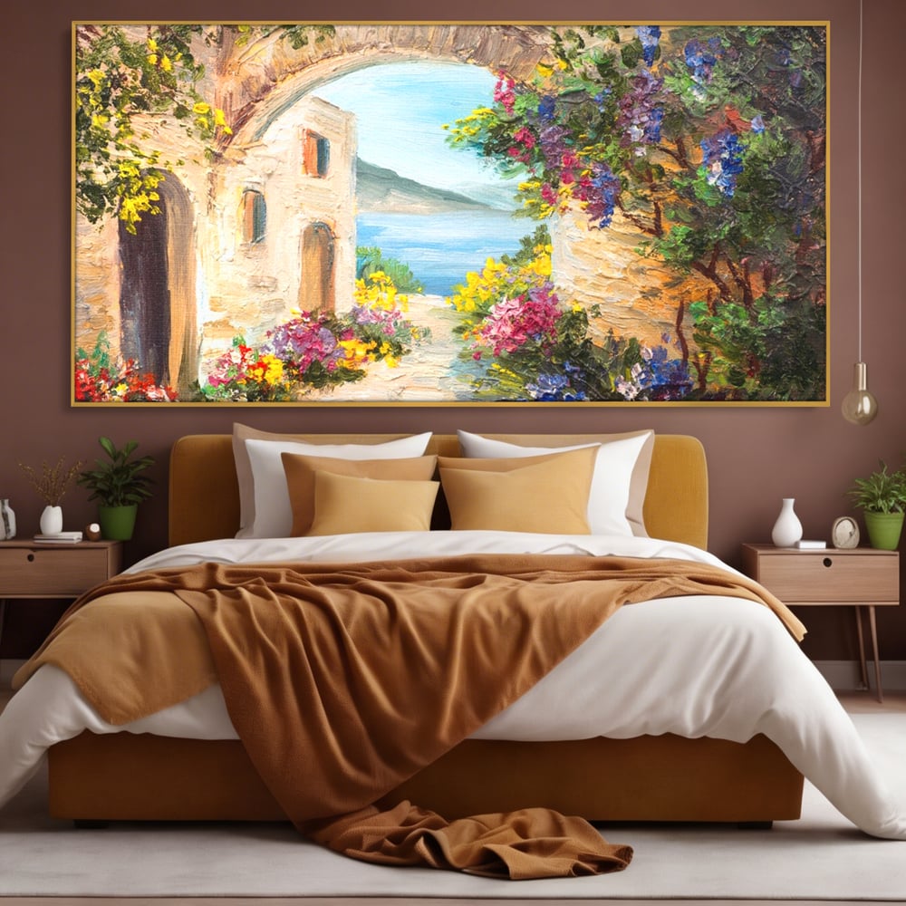 Tablou Canvas Premium LuxCanva® A1229, Arcada Cu Flori , Decorativ, Dormitor, Flori, Mare, Cladire, Arhitectura, Living, Culori Vibrante