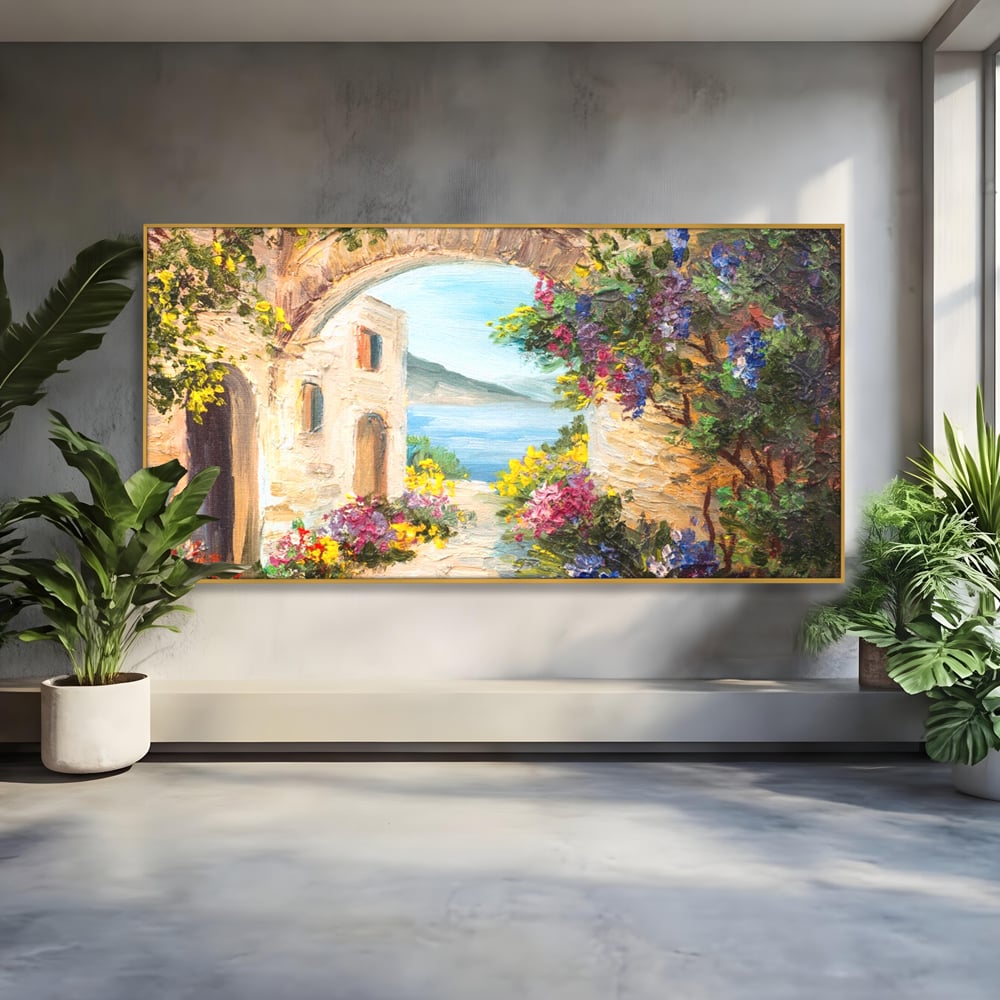 Tablou Canvas Premium LuxCanva® A1229, Arcada Cu Flori , Decorativ, Dormitor, Flori, Mare, Cladire, Arhitectura, Living, Culori Vibrante