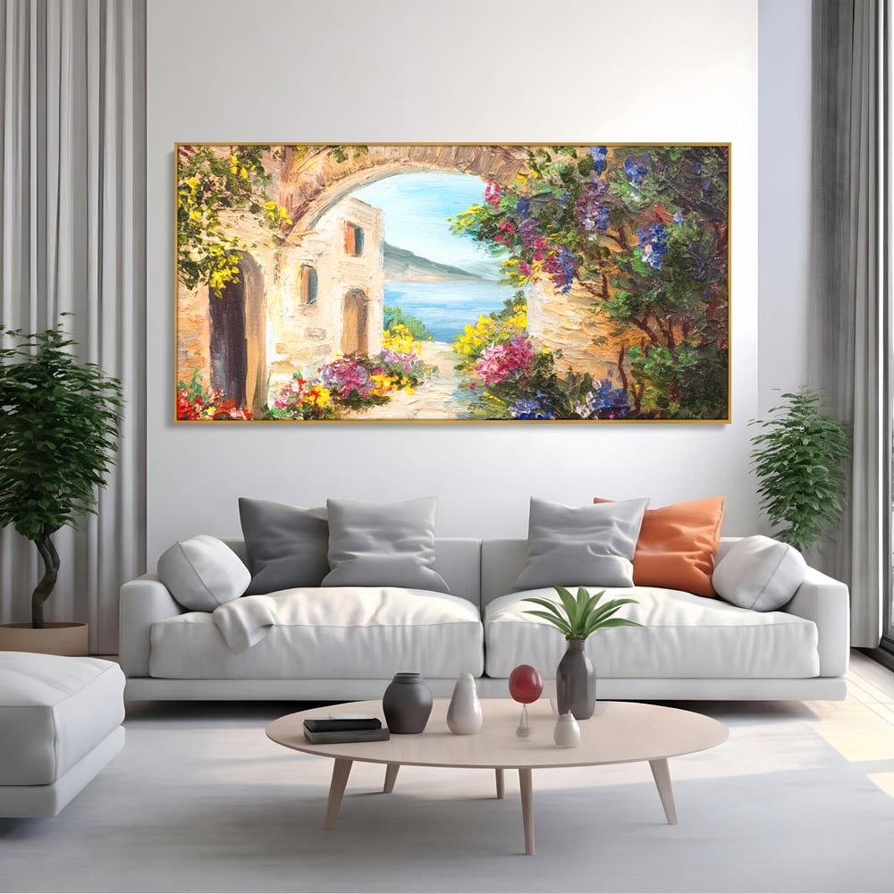 Tablou Canvas Premium LuxCanva® A1229, Arcada Cu Flori , Decorativ, Dormitor, Flori, Mare, Cladire, Arhitectura, Living, Culori Vibrante
