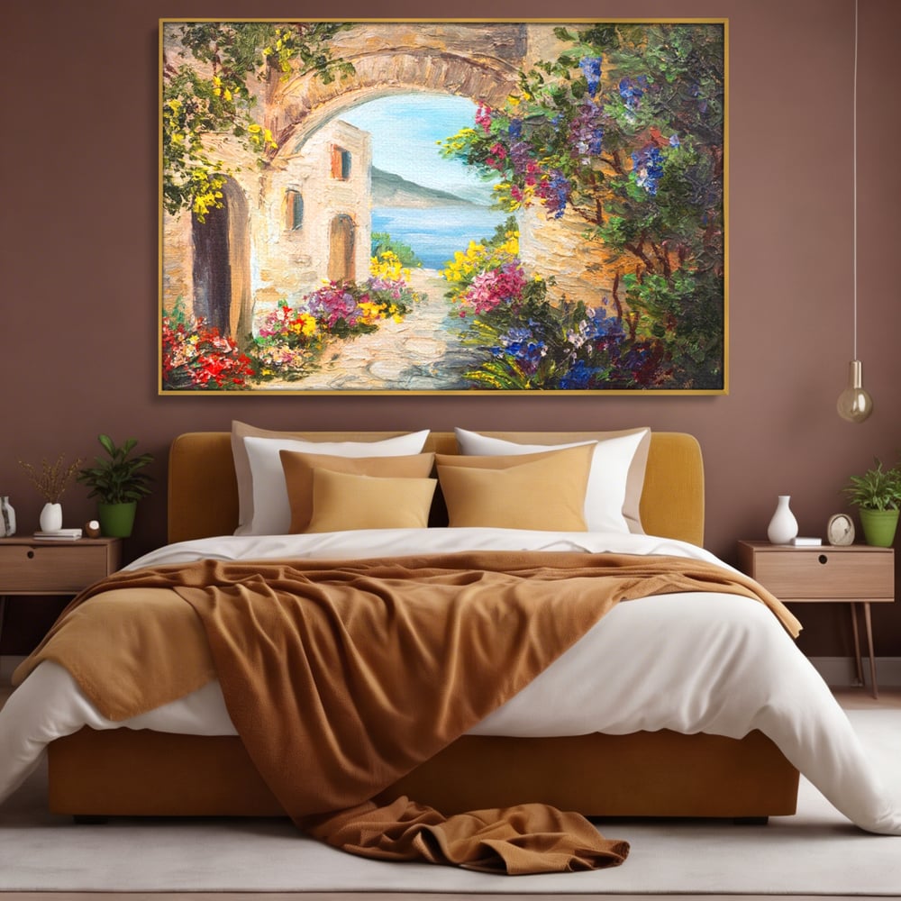 Tablou Canvas Premium LuxCanva® A1229, Arcada Cu Flori , Decorativ, Dormitor, Flori, Mare, Cladire, Arhitectura, Living, Culori Vibrante