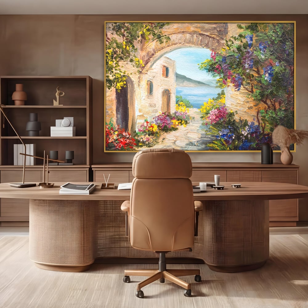 Tablou Canvas Premium LuxCanva® A1229, Arcada Cu Flori , Decorativ, Dormitor, Flori, Mare, Cladire, Arhitectura, Living, Culori Vibrante