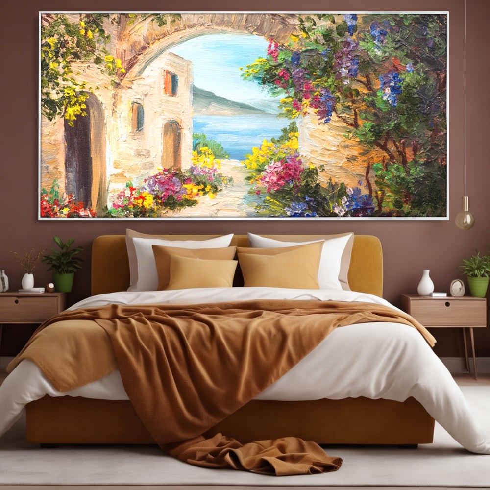 Tablou Canvas Premium LuxCanva® A1229, Arcada Cu Flori , Decorativ, Dormitor, Flori, Mare, Cladire, Arhitectura, Living, Culori Vibrante