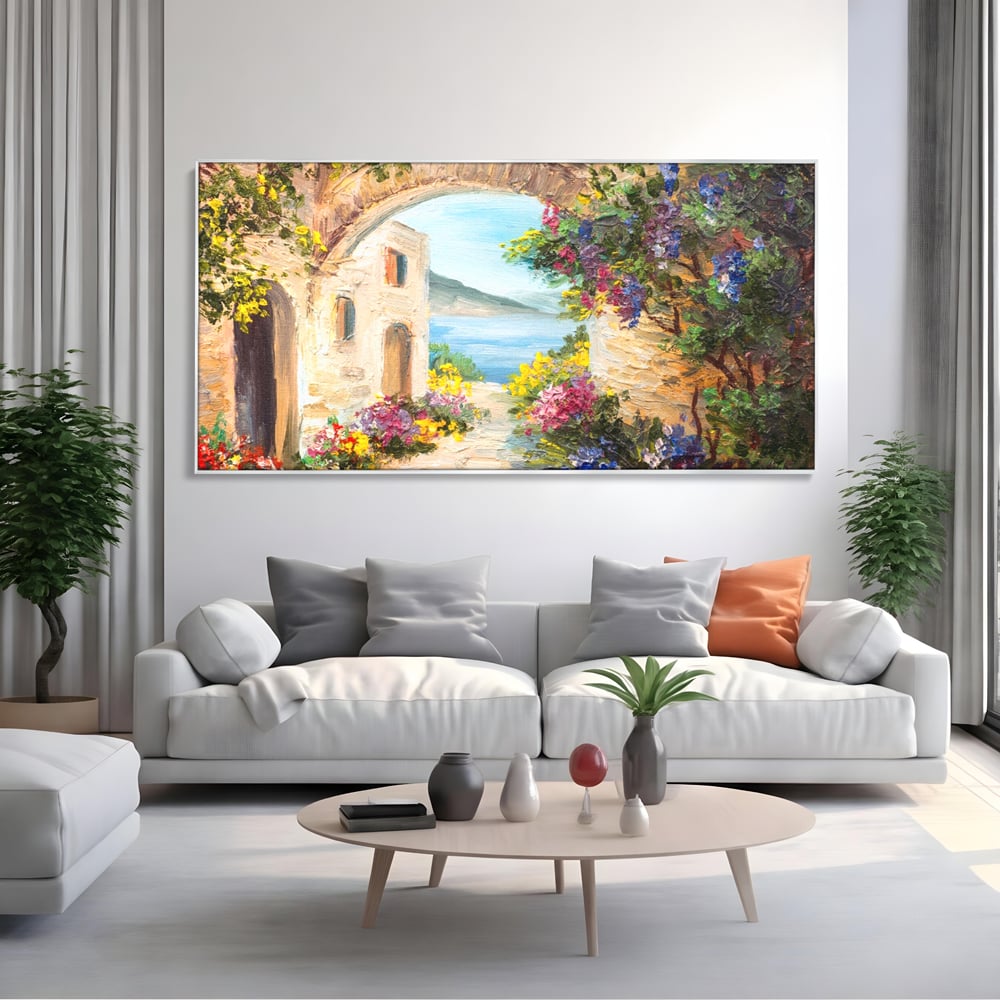 Tablou Canvas Premium LuxCanva® A1229, Arcada Cu Flori , Decorativ, Dormitor, Flori, Mare, Cladire, Arhitectura, Living, Culori Vibrante