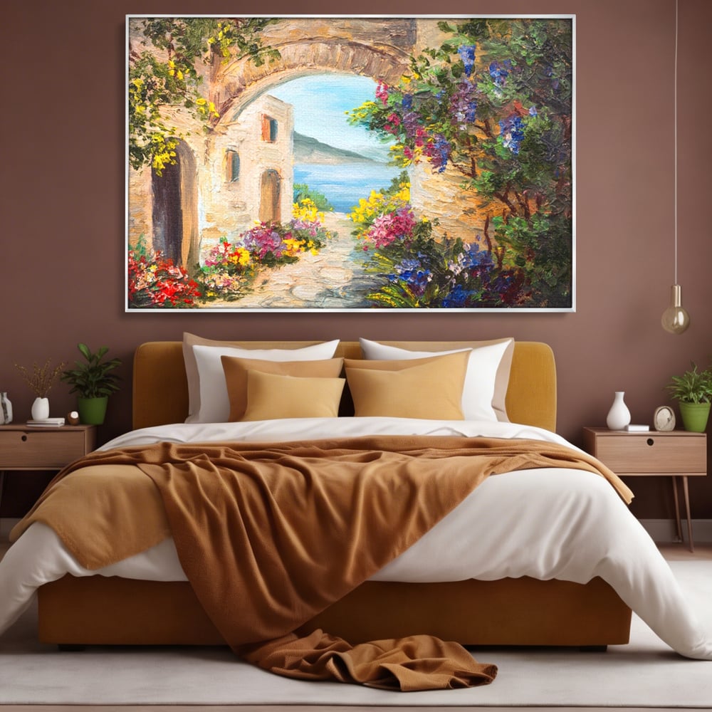 Tablou Canvas Premium LuxCanva® A1229, Arcada Cu Flori , Decorativ, Dormitor, Flori, Mare, Cladire, Arhitectura, Living, Culori Vibrante
