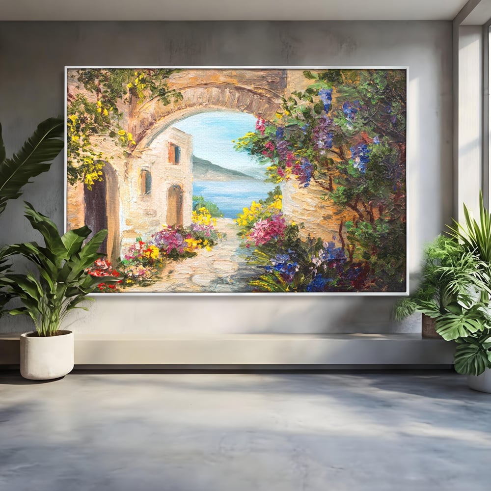 Tablou Canvas Premium LuxCanva® A1229, Arcada Cu Flori , Decorativ, Dormitor, Flori, Mare, Cladire, Arhitectura, Living, Culori Vibrante