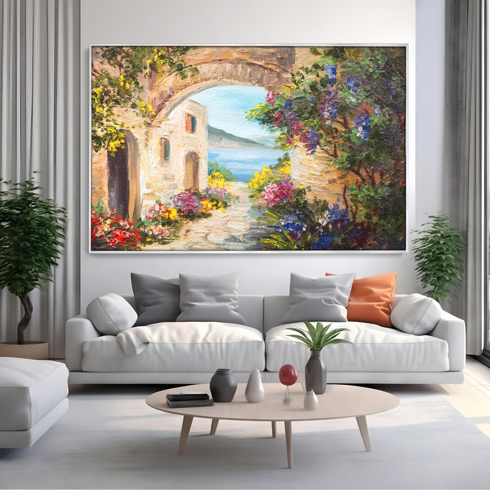 Tablou Canvas Premium LuxCanva® A1229, Arcada Cu Flori , Decorativ, Dormitor, Flori, Mare, Cladire, Arhitectura, Living, Culori Vibrante