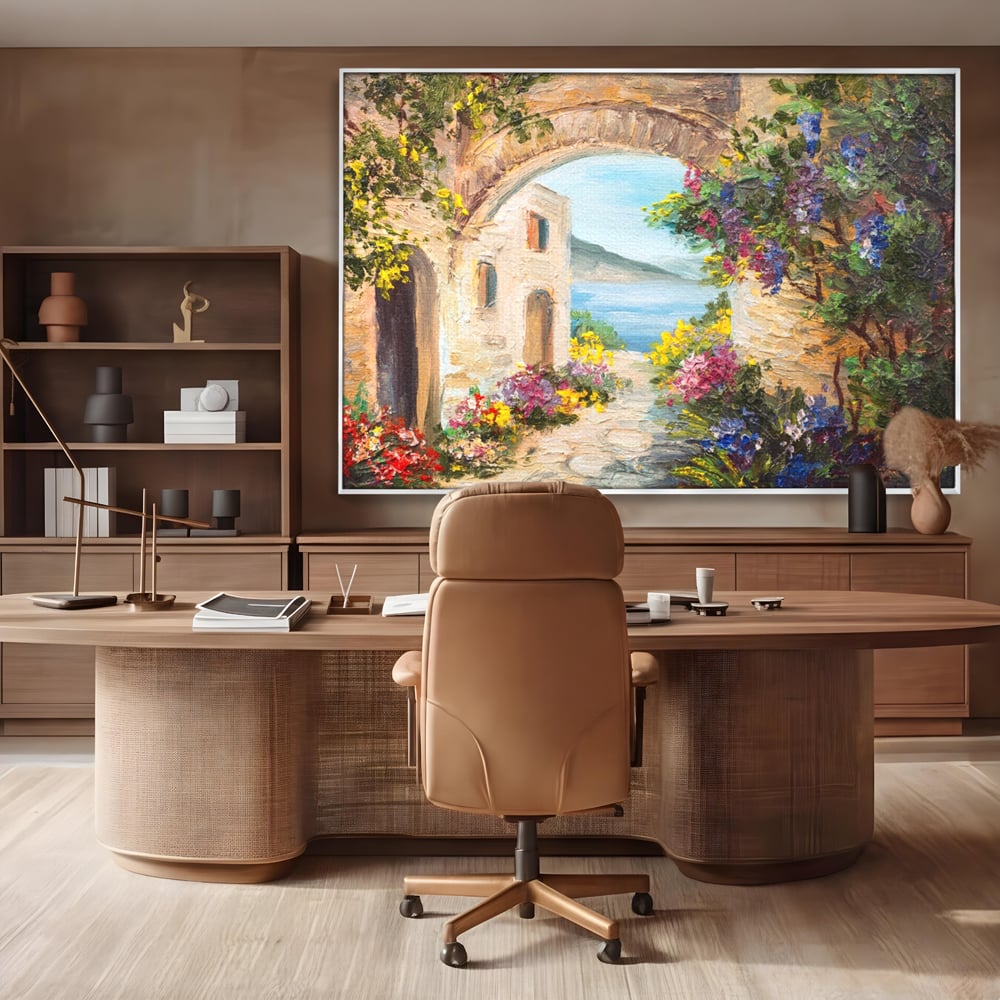 Tablou Canvas Premium LuxCanva® A1229, Arcada Cu Flori , Decorativ, Dormitor, Flori, Mare, Cladire, Arhitectura, Living, Culori Vibrante