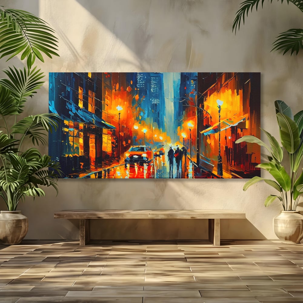 Tablou Canvas Premium LuxCanva® A1232, Lights In New York , Decorativ, Dormitor, Oras, Lumini, Masina, Oameni, Living, Culori Vibrante