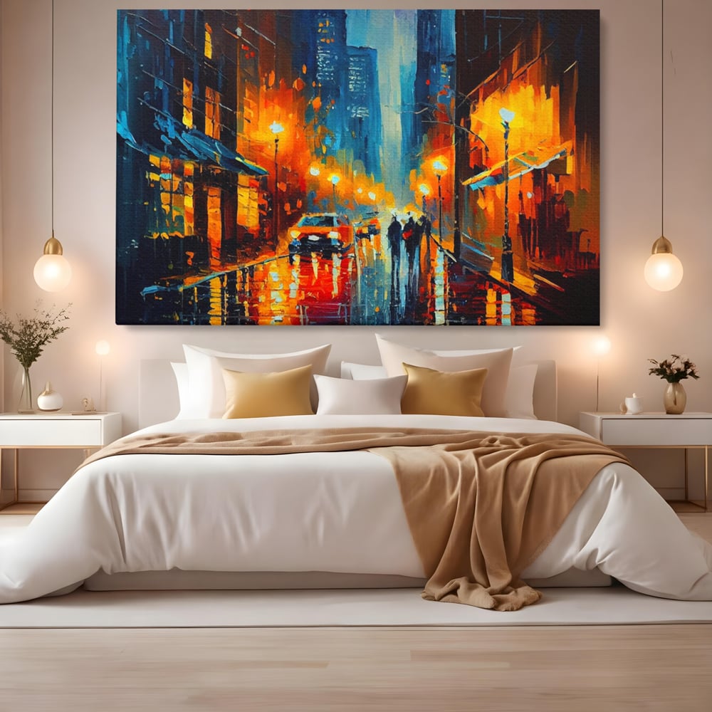 Tablou Canvas Premium LuxCanva® A1232, Lights In New York , Decorativ, Dormitor, Oras, Lumini, Masina, Oameni, Living, Culori Vibrante