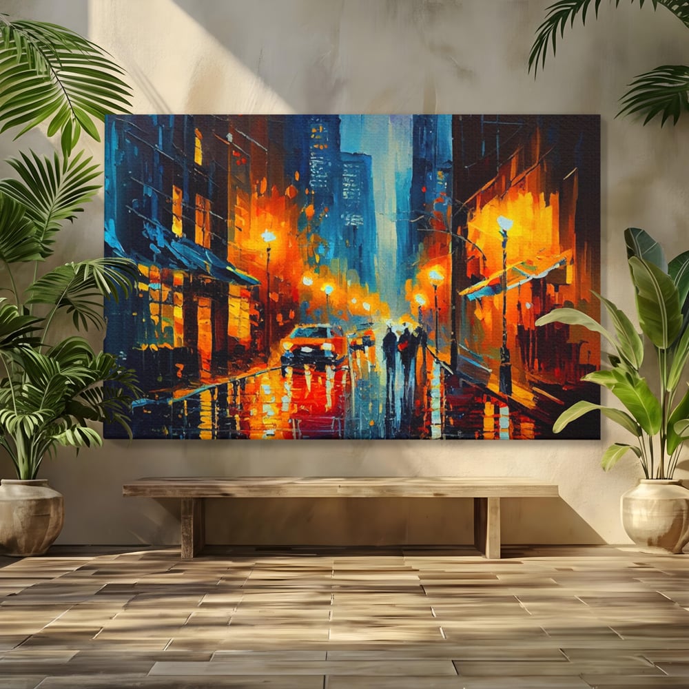 Tablou Canvas Premium LuxCanva® A1232, Lights In New York , Decorativ, Dormitor, Oras, Lumini, Masina, Oameni, Living, Culori Vibrante