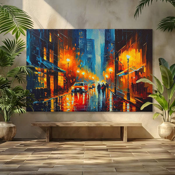 Tablou Canvas Premium LuxCanva® A1232, Lights In New York , Decorativ, Dormitor, Oras, Lumini, Masina, Oameni, Living, Culori Vibrante