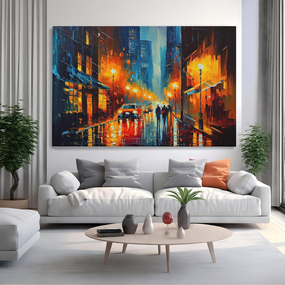 Tablou Canvas Premium LuxCanva® A1232, Lights In New York , Decorativ, Dormitor, Oras, Lumini, Masina, Oameni, Living, Culori Vibrante