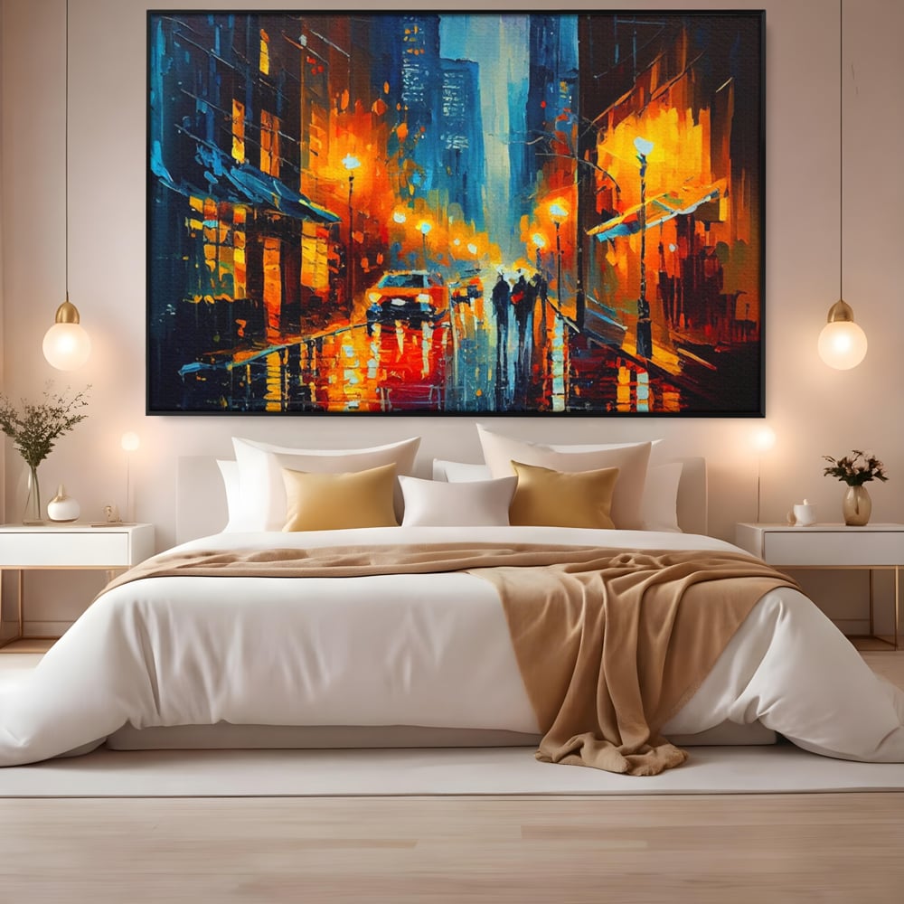 Tablou Canvas Premium LuxCanva® A1232, Lights In New York , Decorativ, Dormitor, Oras, Lumini, Masina, Oameni, Living, Culori Vibrante