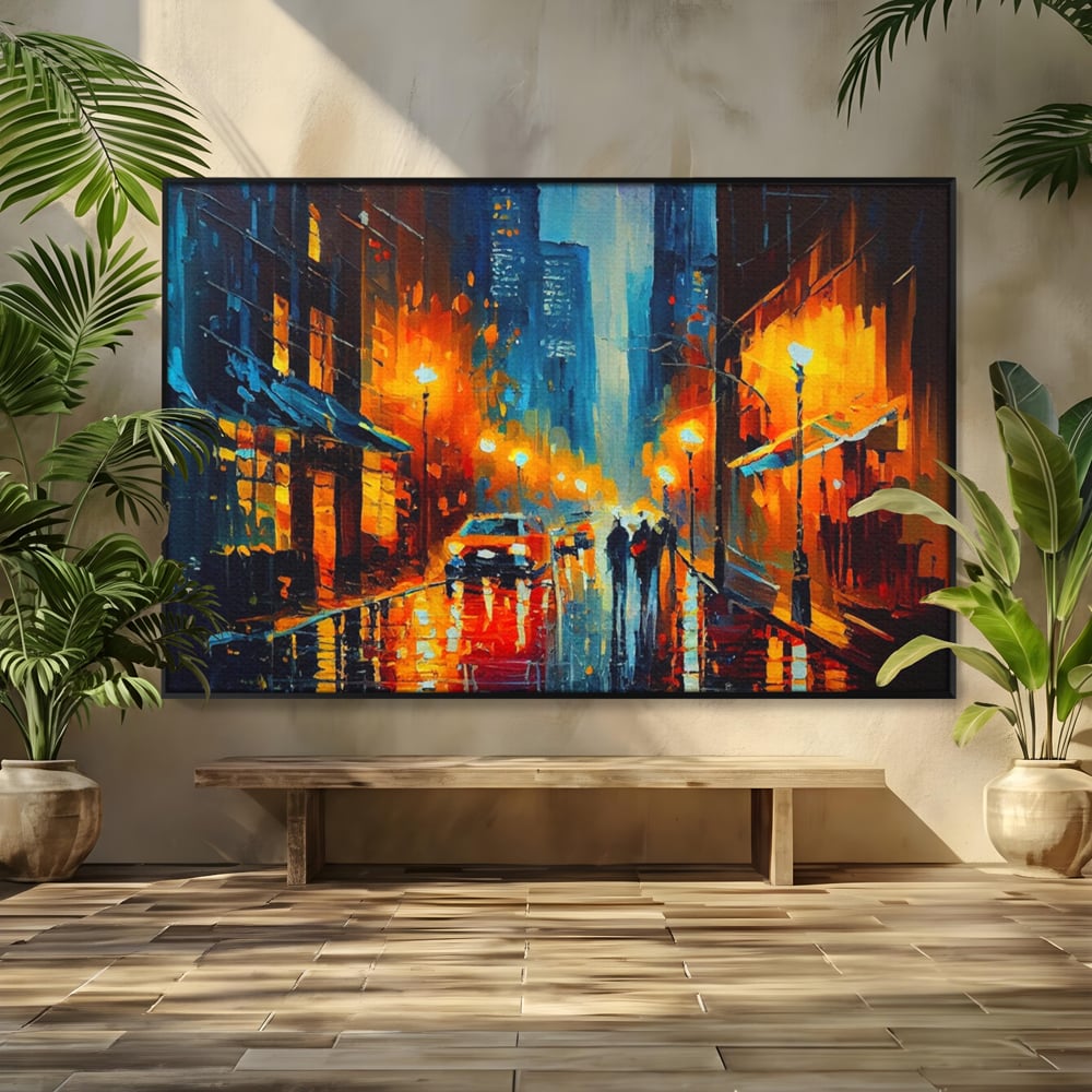 Tablou Canvas Premium LuxCanva® A1232, Lights In New York , Decorativ, Dormitor, Oras, Lumini, Masina, Oameni, Living, Culori Vibrante