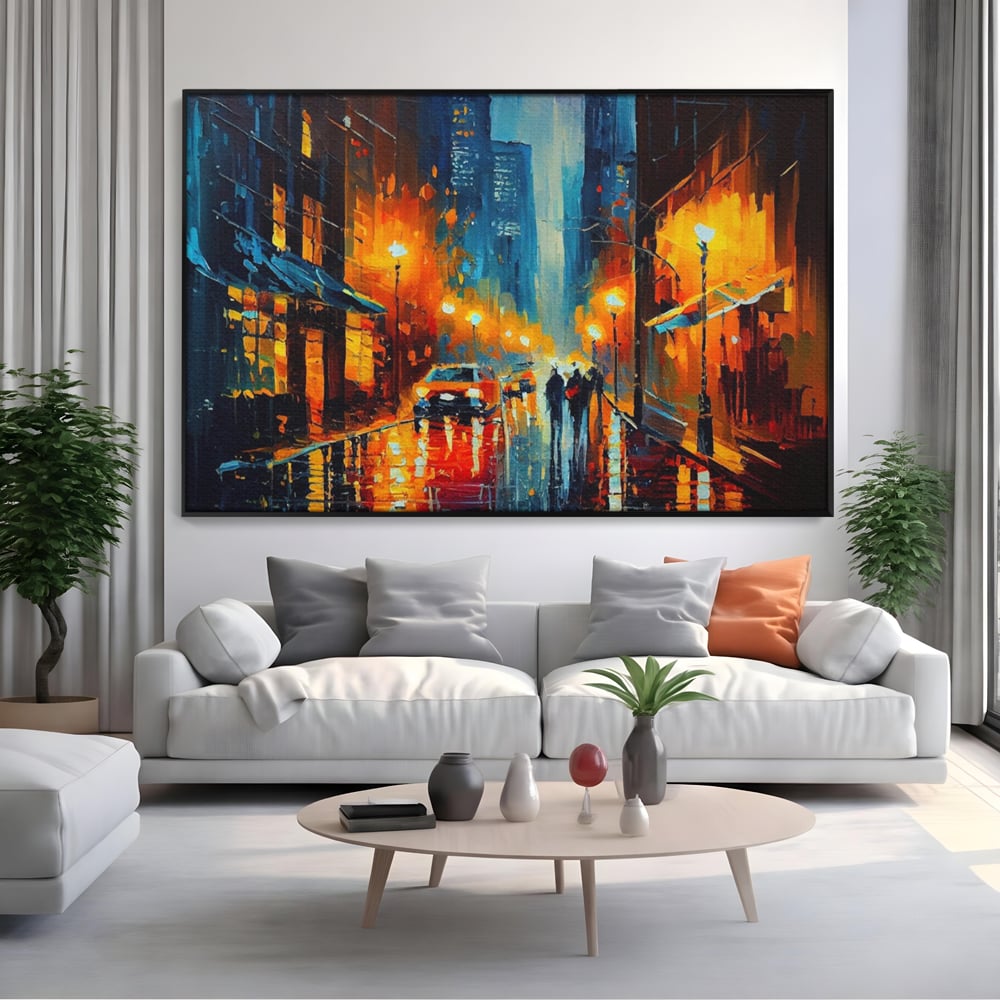 Tablou Canvas Premium LuxCanva® A1232, Lights In New York , Decorativ, Dormitor, Oras, Lumini, Masina, Oameni, Living, Culori Vibrante
