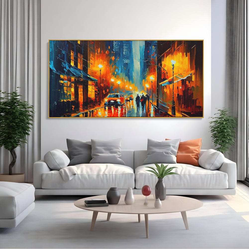 Tablou Canvas Premium LuxCanva® A1232, Lights In New York , Decorativ, Dormitor, Oras, Lumini, Masina, Oameni, Living, Culori Vibrante