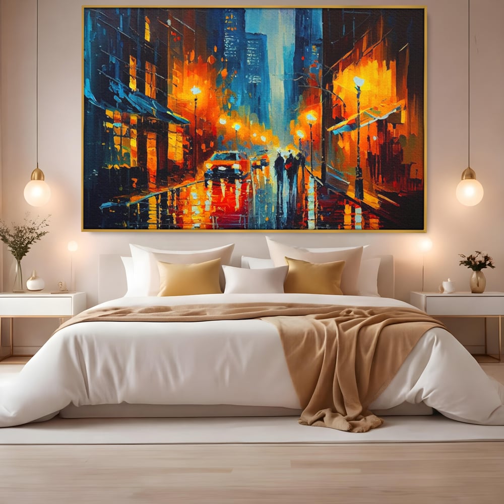Tablou Canvas Premium LuxCanva® A1232, Lights In New York , Decorativ, Dormitor, Oras, Lumini, Masina, Oameni, Living, Culori Vibrante