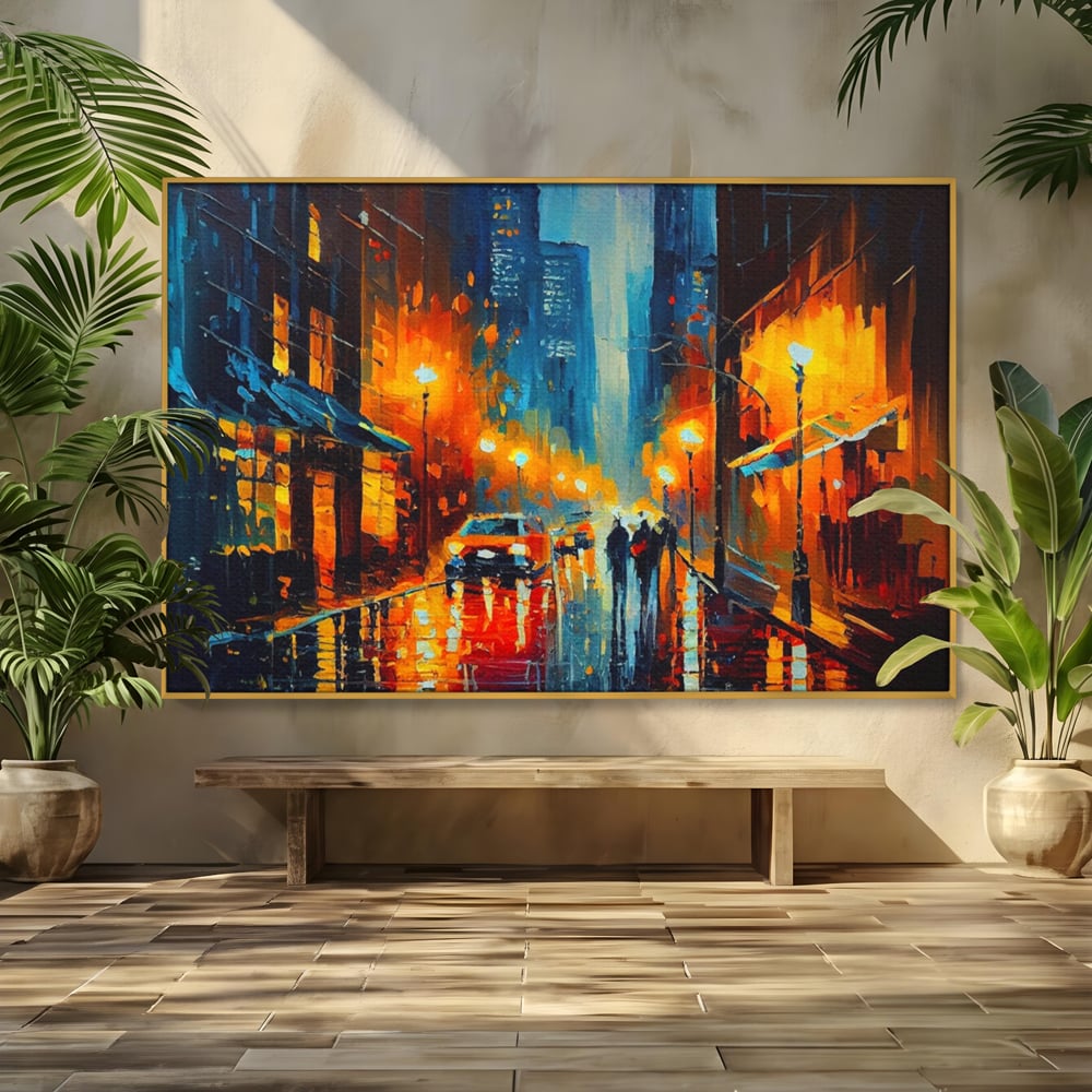 Tablou Canvas Premium LuxCanva® A1232, Lights In New York , Decorativ, Dormitor, Oras, Lumini, Masina, Oameni, Living, Culori Vibrante